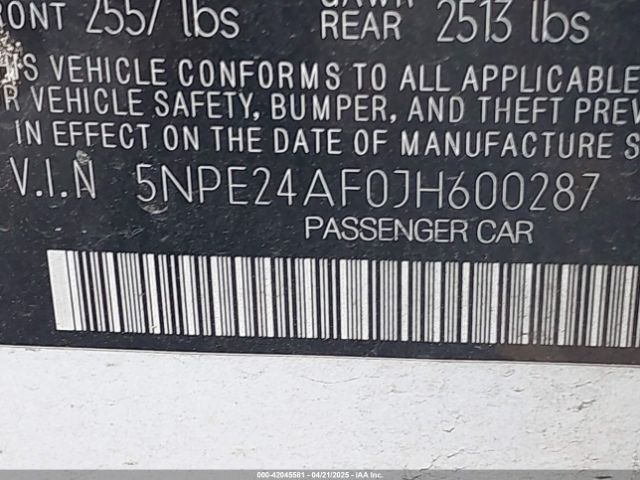 5NPE24AF0JH600287 Hyundai SONATA SE