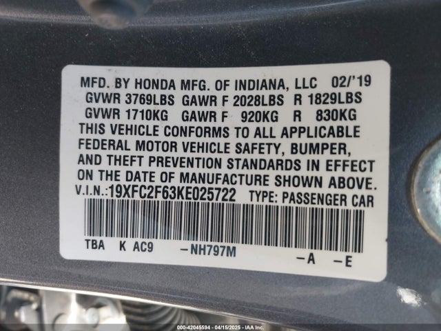 19XFC2F63KE025722 Honda Civic Lx