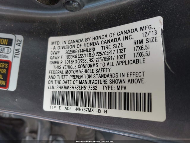 2HKRM3H78EH517362 Honda Cr-v Ex-l