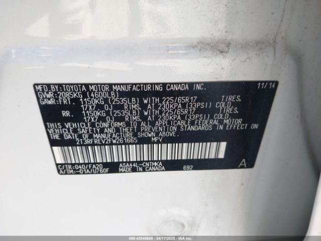 2T3RFREV2FW261665 Toyota Rav4 Xle