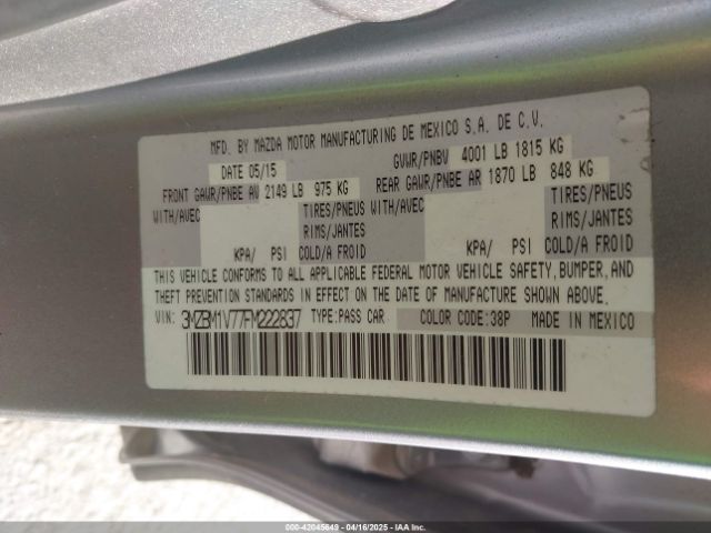 3MZBM1V77FM222837 Mazda Mazda3 I Touring