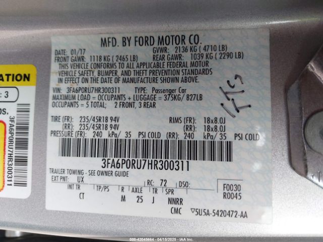 3FA6P0RU7HR300311 Ford Fusion Hybrid Titanium