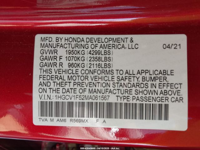 1HGCV1F52MA061567 Honda Accord Ex-l