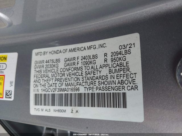 1HGCV2F39MA016596 Honda Accord Sport 2.0t