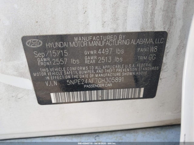 5NPE24AF7GH305891 Hyundai SONATA SE