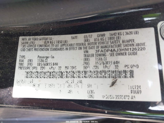 3FADP4AJ3HM126220 Ford 1.6l ti-vct premium fuel