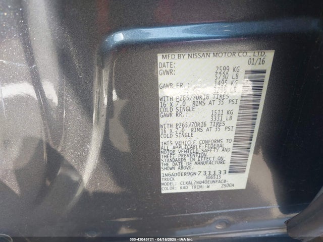 1N6AD0ER9GN731133 Nissan Frontier Sv