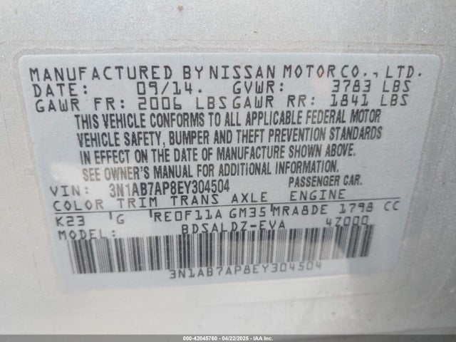 3N1AB7AP8EY304504 Nissan SENTRA SV