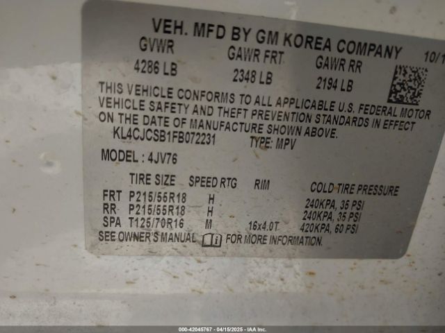 KL4CJCSB1FB072231 Buick Encore Leather
