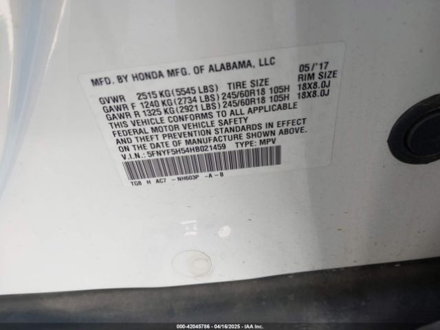 5FNYF5H54HB021459 Honda Pilot Ex-l