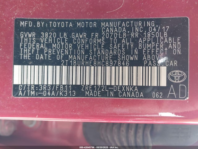 2T1BURHE8HC897846 Toyota 2zr-fe