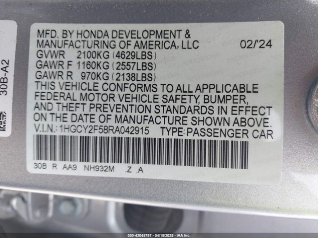 1HGCY2F58RA042915 Honda Accord Hybrid Sport