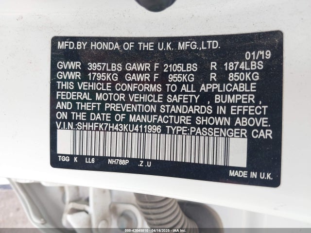 SHHFK7H43KU411996 Honda l15ba
