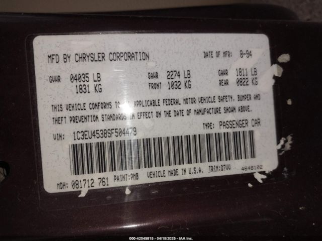 1995 CHRYSLER LEBARON 1C3EU4538SF504479 Photo 8