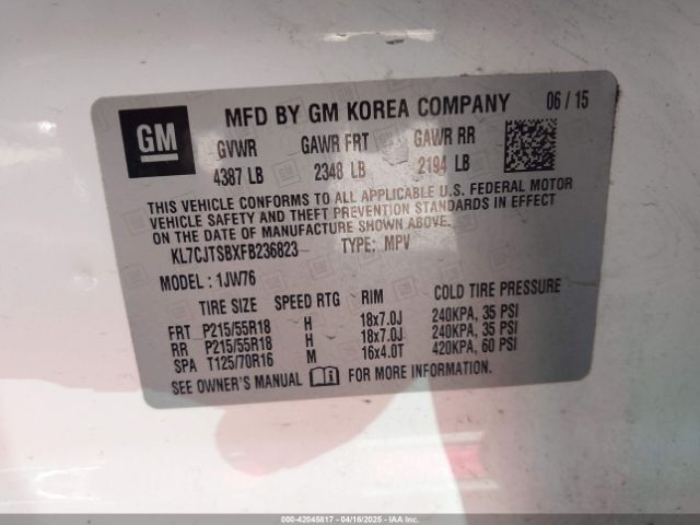 KL7CJTSBXFB236823 Chevrolet TRAX LTZ