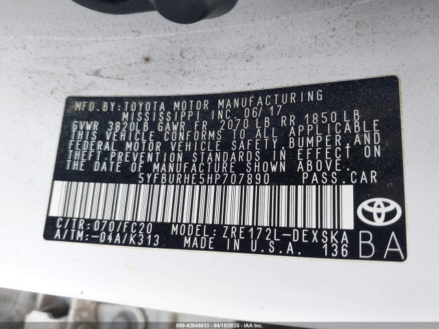 5YFBURHE5HP707890 Toyota COROLLA SE