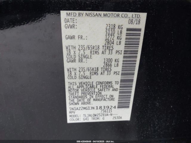 5N1AZ2MG1JN183924 Nissan MURANO SV