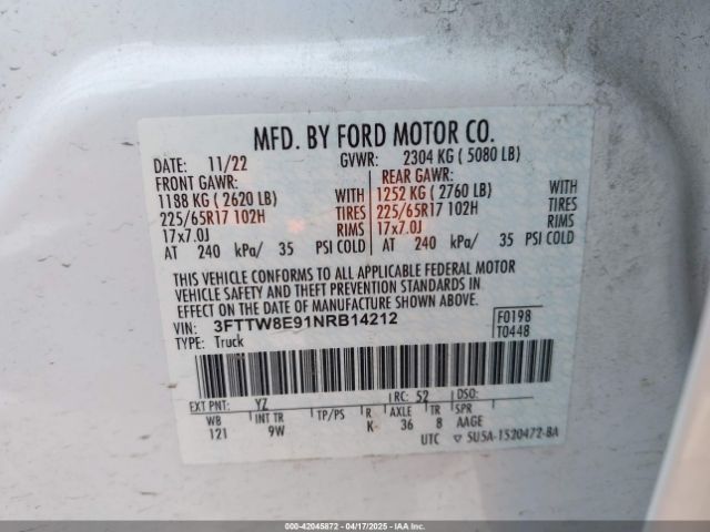 3FTTW8E91NRB14212 Ford Maverick Xl