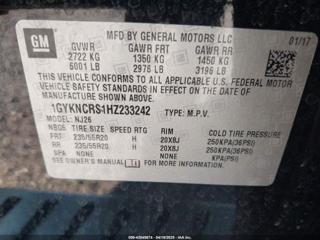1GYKNCRS1HZ233242 Cadillac Xt5 Premium Luxury