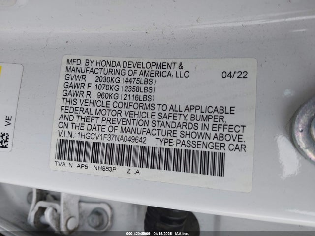 1HGCV1F37NA049642 Honda l15be