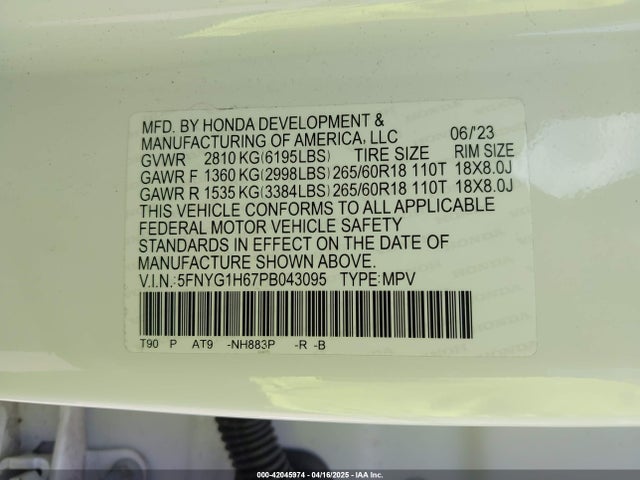 5FNYG1H67PB043095 Honda Pilot Awd Trailsport