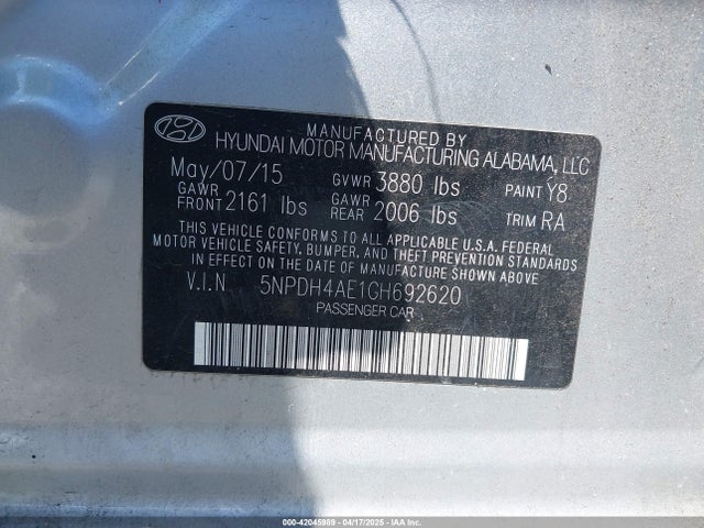 5NPDH4AE1GH692620 Hyundai ELANTRA SE