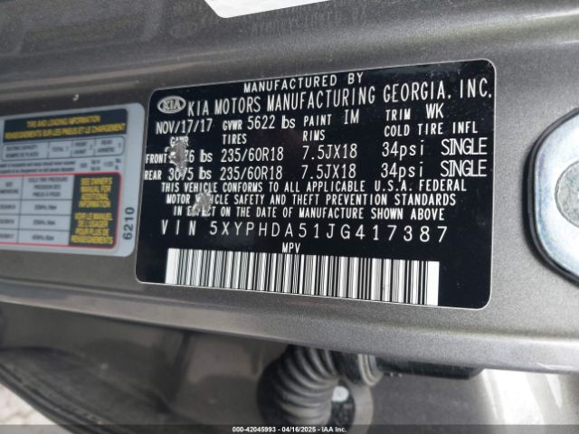 5XYPHDA51JG417387 KIA Sorento 3.3l Ex