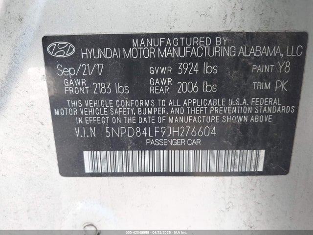5NPD84LF9JH276604 Hyundai Elantra Limited