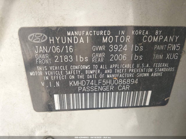 KMHD74LF5HU086894 Hyundai ELANTRA SE