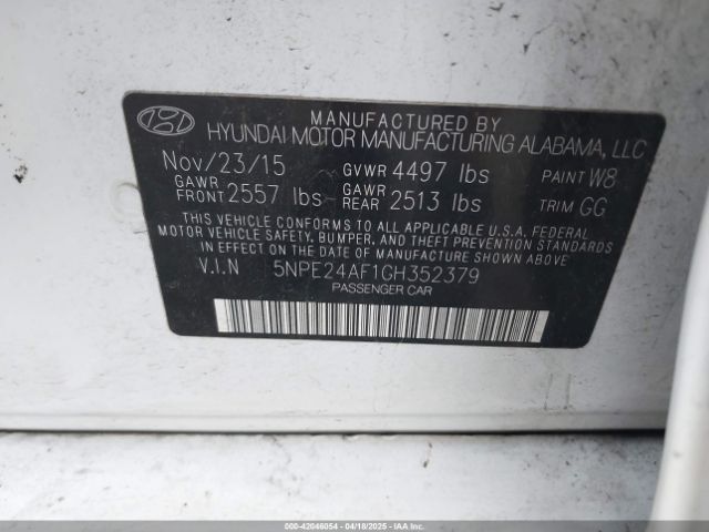 5NPE24AF1GH352379 Hyundai SONATA SE