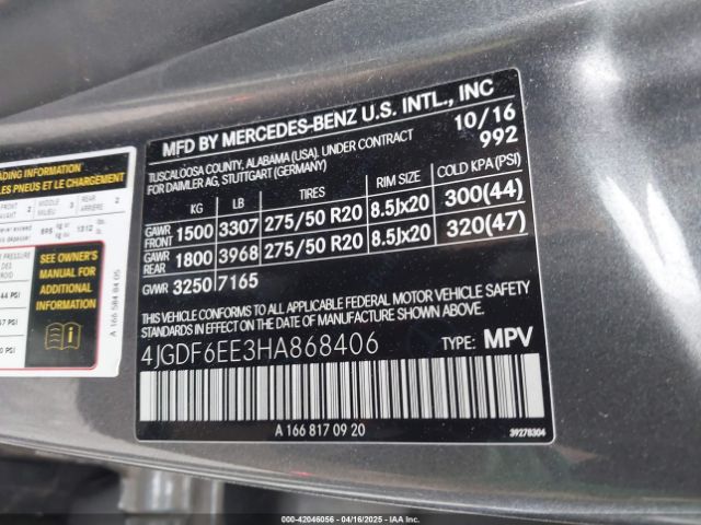 4JGDF6EE3HA868406 Mercedes-Benz Gls 450 4matic