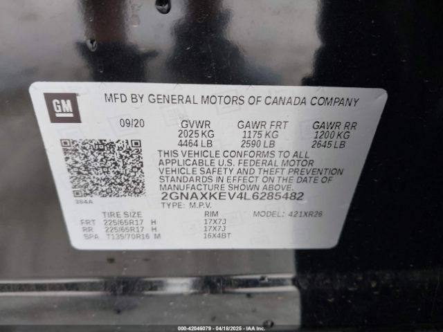 2GNAXKEV4L6285482 Chevrolet Equinox Fwd Lt 1.5l Turbo