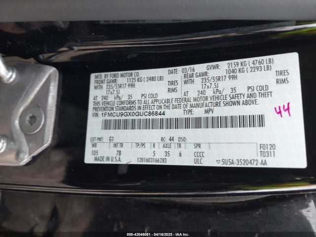 1FMCU9GX0GUC86844 Ford ESCAPE SE