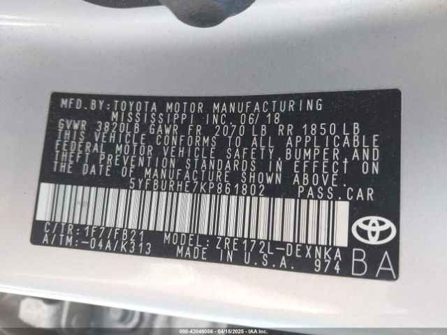 5YFBURHE7KP861802 Toyota Corolla L/le/xle/se/xse