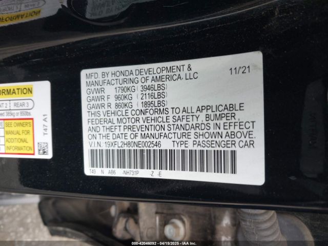 19XFL2H80NE002546 Honda Civic Sport