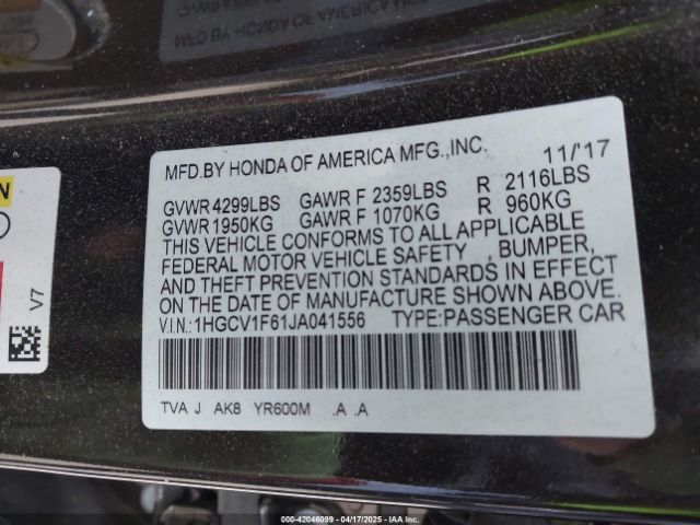 1HGCV1F61JA041556 Honda Accord Ex-l