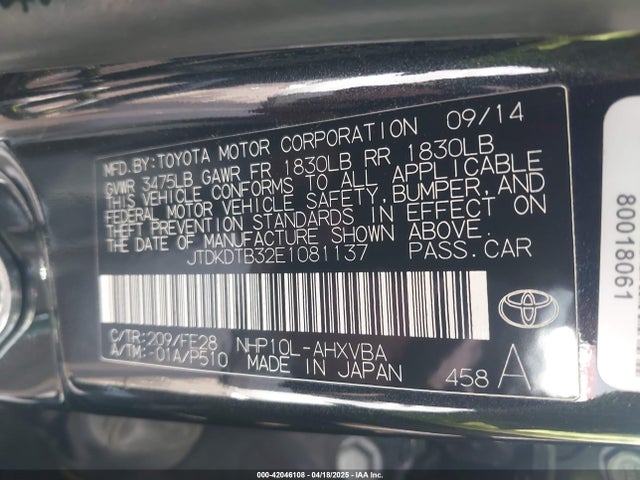JTDKDTB32E1081137 Toyota 1nz-fxe+1lm