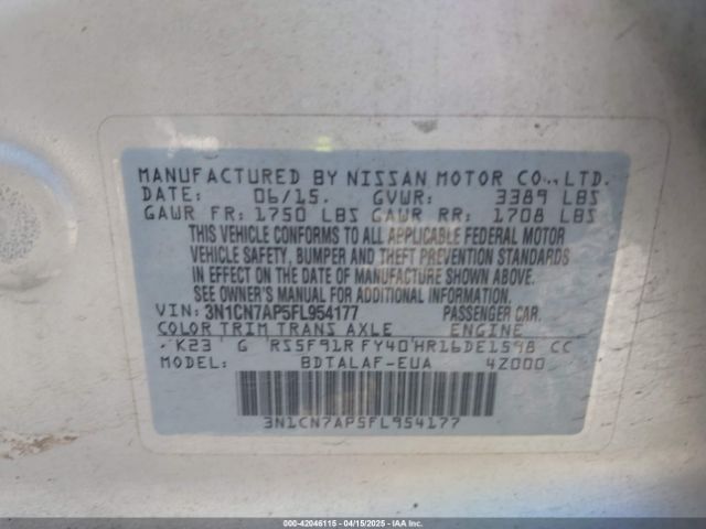 3N1CN7AP5FL954177 Nissan Versa 1.6 S