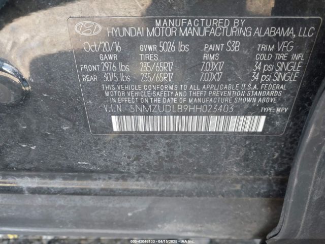 5NMZUDLB9HH023403 Hyundai Santa Fe Sport 2.4l
