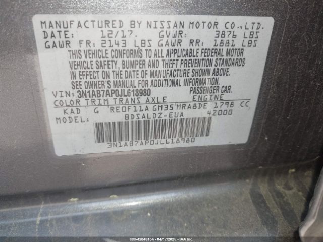 3N1AB7AP0JL618980 Nissan SENTRA SV
