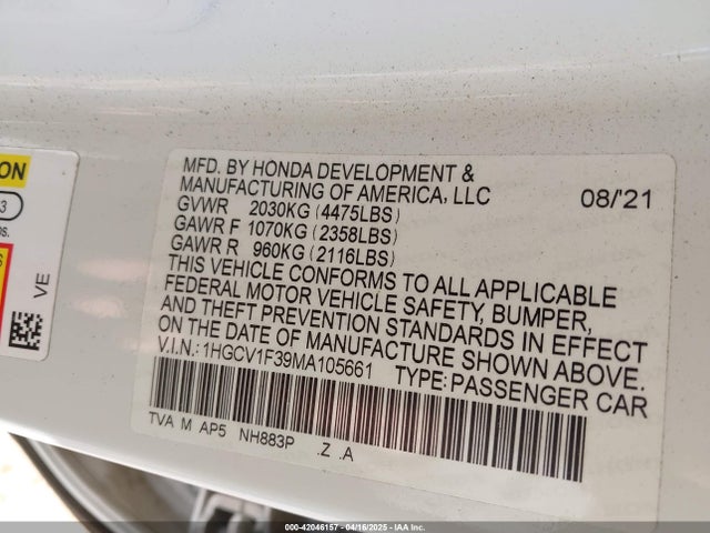 1HGCV1F39MA105661 Honda Accord Sport