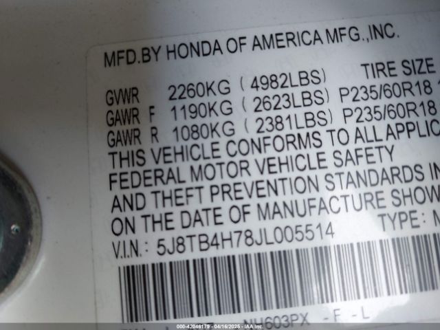5J8TB4H78JL005514 Acura Rdx Advance Package