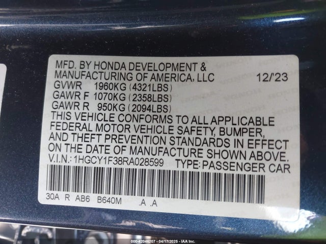 1HGCY1F38RA028599 Honda ACCORD EX