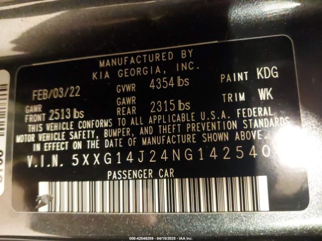 5XXG14J24NG142540 KIA K5 LXS