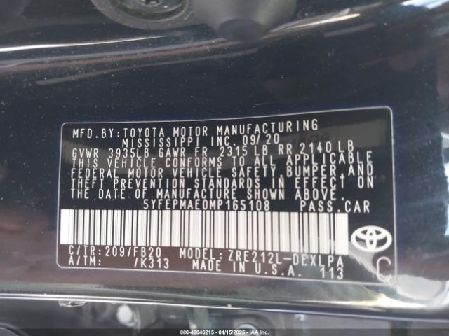 5YFEPMAE0MP165108 Toyota COROLLA LE