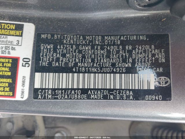 4T1B11HK5JU074926 Toyota CAMRY L