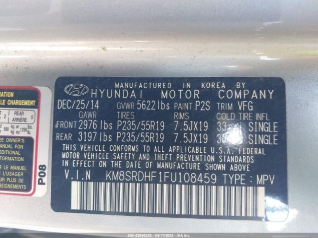 KM8SRDHF1FU108459 Hyundai Santa Fe Gls