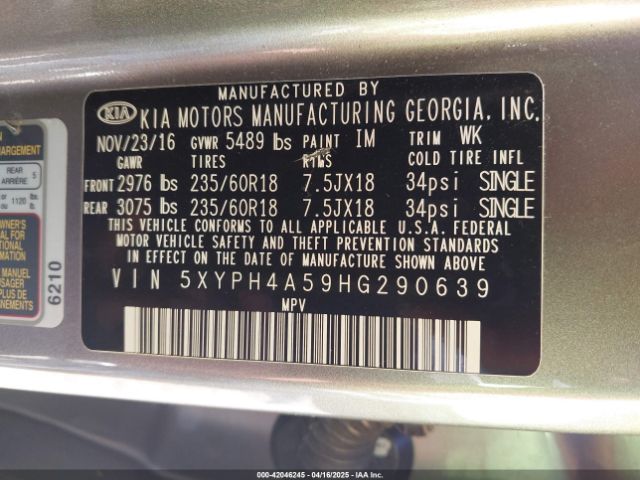 5XYPH4A59HG290639 KIA Sorento 3.3l Ex