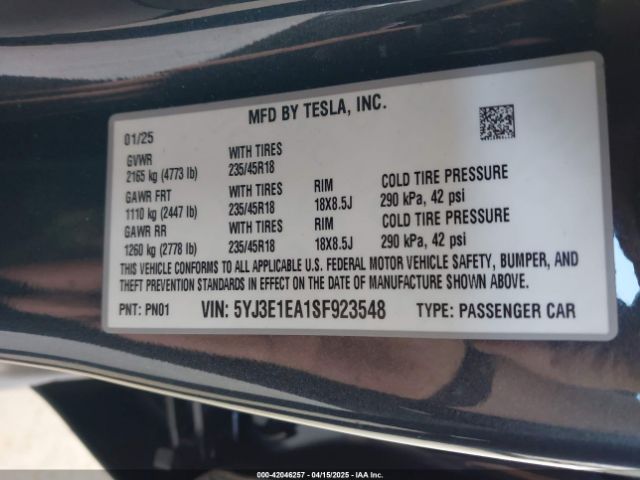 5YJ3E1EA1SF923548 Tesla Model 3 Long Range Rear-wheel Drive