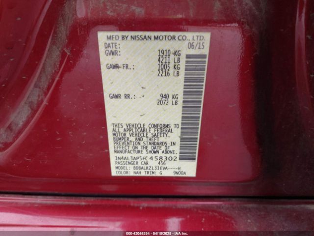 1N4AL3AP5FC458302 Nissan Altima 2.5 Sv